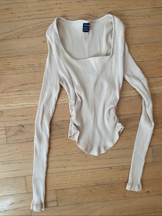 SHEIN Tops - SHEIN Neutral Beige Ribbed Long Sleeve Scoop Bodysuit